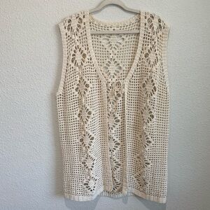 Y2K Crochet Longlined Cream Open Knit Boho‎ Cardigan Front Tie Coastal Cowgirl